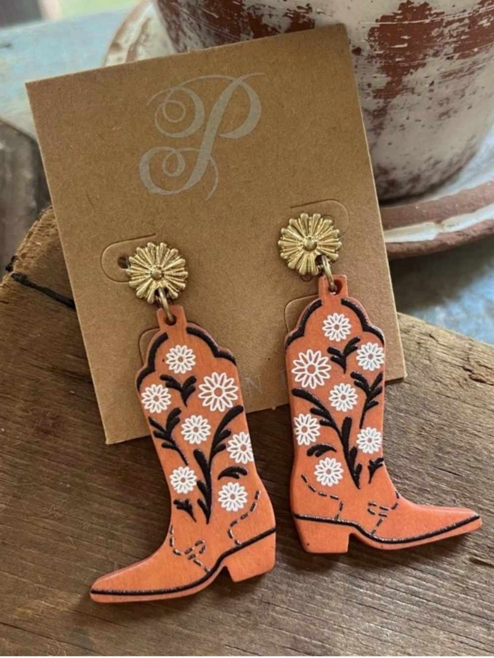 Plunder Cowboy Boot Floral Drop Earrings - Tan & Gold Tones - Picture 3 of 3